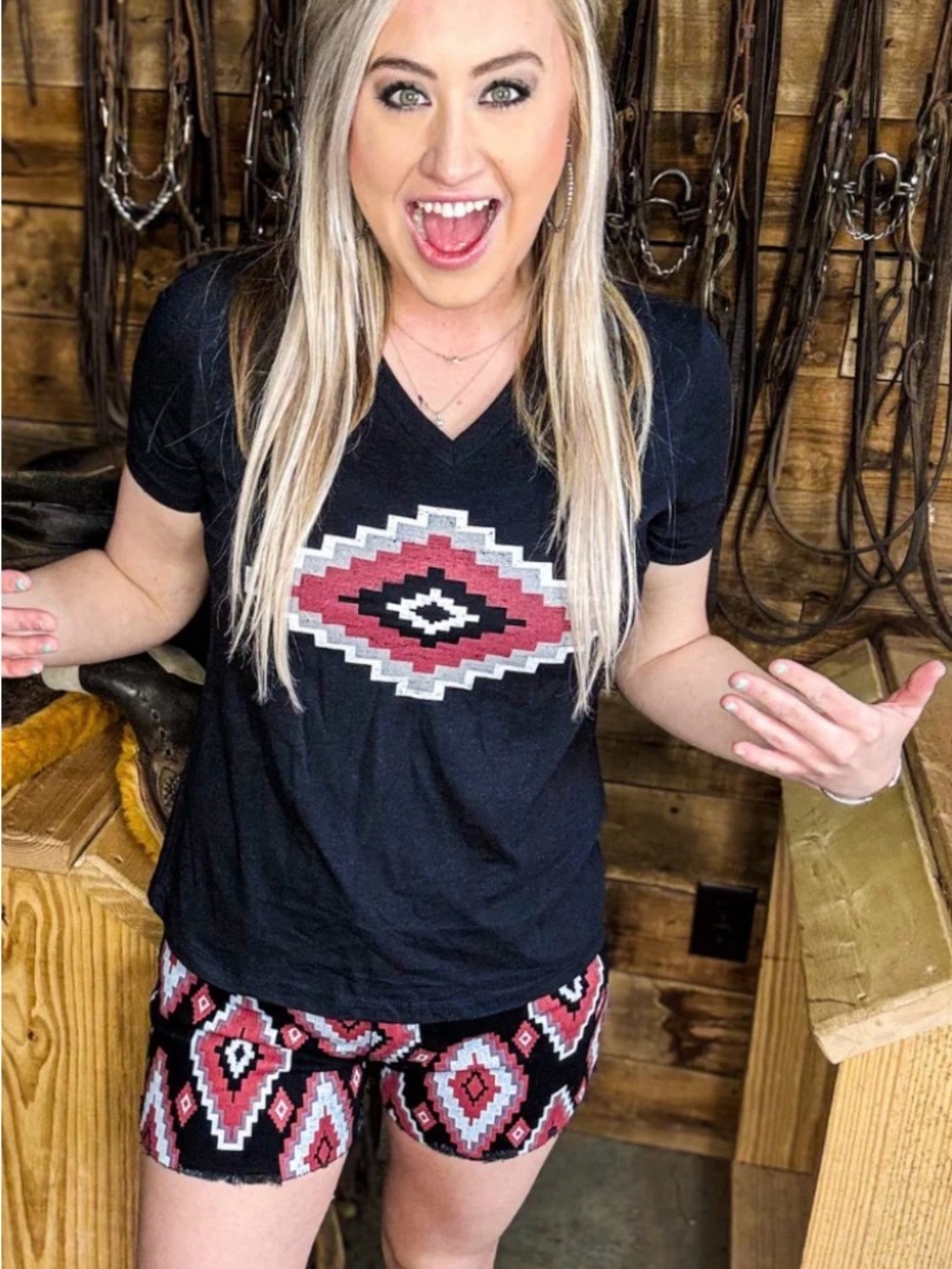 V-Neck Black Tee with Red Southwestern Diamond Graphic